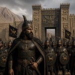 سردار مادی با زره و کلاه خودی مادی سیاه با سپاهیان  در جلوی دروازه شهر مادی باستان