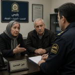تصویر یک زن ۶۰ ساله و مرد ۶۵ ساله رو در اداره پلیس طراحی کن که درحال گزارش دادن چیزی هستن
