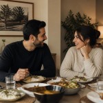 عکس یه زنو شوهرو طراحی کن که رو میز نهارخوری نشسته ن و دارن باهم حرف میزنن و میخندن