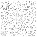 یک تصویر خطی (line art) از یک کهکشان طراحی کن: سَبک کارتونی و مینیمال، خطوط تمیز و بدون جزئیات خیلی ریز، مناسب نوجوانان، قابلیت رنگ‌آمیزی، فضای خالی کافی برای رنگ کردن، ستارگان و سحابی‌ها با خطوط واضح. سیاه و سفید برای خط‌کشی (بدون رنگ). تصویر کمی پیچیده باشد