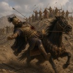 سردار معروف آشور که بر روی اسب هدف تیر مادی ها قرار گرفته و از اسب می افتد