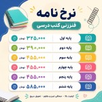 یک نرخ نامه می خوام برای فنرزنی کتب درسی: پایه اول ۳۲۵۰۰۰تومان پایه دوم ۳۹۰۰۰۰تومان پایه سوم ۴۵۵۰۰۰تومان پایه چهارم ۴۵۵۰۰۰تومان پایه پنجم ۴۵۵۰۰۰تومان پایه ششم ۵۸۵۰۰۰تومان با گرافیک زیبا