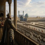 تصویری از اصفهان باستان که شاه عباس صفوی در عالی قاپو از لشکر سان می بیند
