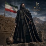 تصویر زال شاهنامه با گرز و با ردای مشکی باشکوه در کنار تصویر