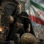 تصویر زال شاهنامه با گرز و با ردای مشکی باشکوه در کنار تصویر