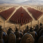 سپاهیان سرخ پوش ماد که در سه دسته مثلثی به سمت سپاه آشور پیش می روند