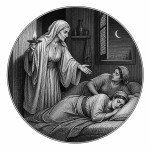 یه عکس برام طراحی کن واسه کتابم. در مورد اینکه نصف شب پیرزنی در حال بیدار کردن کنیزانش هست. سیاه‌وسفید مناسب چاپ کتاب سبک حکاکی کلاسیک (مثل تصویرسازی کتاب‌های قدیمی) خطوط ظریف و تمیز بدون شلوغی زیاد و در قالب دایره باشه.