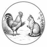 یه عکس برام طراحی کن واسه کتابم. در مورد اینکه یک خروس و یک گربه باهم صحبت میکنند. سیاه‌وسفید مناسب چاپ کتاب سبک حکاکی کلاسیک (مثل تصویرسازی کتاب‌های قدیمی) خطوط ظریف و تمیز بدون شلوغی زیاد و در قالب دایره باشه.