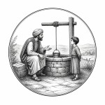 یه عکس برام طراحی کن واسه کتابم. در مورد اینکه یک پسربچه با یک مرد کنار یک چاه صحبت میکند. سیاه‌وسفید مناسب چاپ کتاب سبک حکاکی کلاسیک (مثل تصویرسازی کتاب‌های قدیمی) خطوط ظریف و تمیز بدون شلوغی زیاد و در قالب دایره باشه.