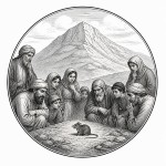 یه عکس برام طراحی کن واسه کتابم. در مورد اینکه مردم در پایین یک کوه به یک موش نگاه میکنند. سیاه‌وسفید مناسب چاپ کتاب سبک حکاکی کلاسیک (مثل تصویرسازی کتاب‌های قدیمی) خطوط ظریف و تمیز بدون شلوغی زیاد و در قالب دایره باشه.