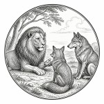 یه عکس برام طراحی کن واسه کتابم. در مورد اینکه یک شیر و روباه و گرگ باهم صحبت میکنند. سیاه‌وسفید مناسب چاپ کتاب سبک حکاکی کلاسیک (مثل تصویرسازی کتاب‌های قدیمی) خطوط ظریف و تمیز بدون شلوغی زیاد و در قالب دایره باشه.