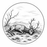 یه عکس برام طراحی کن واسه کتابم. در مورد اینکه 
یک گوزن پیر و لاغر مرده است.. سیاه‌وسفید مناسب چاپ کتاب سبک حکاکی کلاسیک (مثل تصویرسازی کتاب‌های قدیمی) خطوط ظریف و تمیز بدون شلوغی زیاد و در قالب دایره باشه.