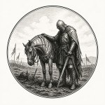 یه عکس برام طراحی کن واسه کتابم. در مورد اینکه یک شوالیه در جنگ کنار یک اسب ضعیف و خسته ایستاده. سیاه‌وسفید مناسب چاپ کتاب سبک حکاکی کلاسیک (مثل تصویرسازی کتاب‌های قدیمی) خطوط ظریف و تمیز بدون شلوغی زیاد و در قالب دایره باشه.