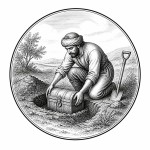 یه عکس برام طراحی کن واسه کتابم. در مورد اینکه یک مرد گنجی را دارد در خاک پنهان میکند. سیاه‌وسفید مناسب چاپ کتاب سبک حکاکی کلاسیک (مثل تصویرسازی کتاب‌های قدیمی) خطوط ظریف و تمیز بدون شلوغی زیاد و در قالب دایره باشه.