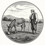 یه عکس برام طراحی کن واسه کتابم. در مورد اینکه 
یک خر و یک پیرمرد در چراگاه هستند. سیاه‌وسفید مناسب چاپ کتاب سبک حکاکی کلاسیک (مثل تصویرسازی کتاب‌های قدیمی) خطوط ظریف و تمیز بدون شلوغی زیاد و در قالب دایره باشه.