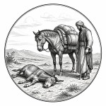 یه عکس برام طراحی کن واسه کتابم. در مورد اینکه 
الاغی روی زمین مرده است و اسبی با بار زیاد و با مردی آنجا هستند.. سیاه‌وسفید مناسب چاپ کتاب سبک حکاکی کلاسیک (مثل تصویرسازی کتاب‌های قدیمی) خطوط ظریف و تمیز بدون شلوغی زیاد و در قالب دایره باشه.