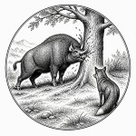 یه عکس برام طراحی کن واسه کتابم. در مورد اینکه 
گراز شاخ هایش را به درخت میزند و یک روباه به گراز نگاه میکند. سیاه‌وسفید مناسب چاپ کتاب سبک حکاکی کلاسیک (مثل تصویرسازی کتاب‌های قدیمی) خطوط ظریف و تمیز بدون شلوغی زیاد و در قالب دایره باشه.