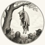 یه عکس برام طراحی کن واسه کتابم. در مورد اینکه یک گرگ را که پوشت گوسفند روی خود انداخته از درخت آویزان کرده اند و مردم به آن نگاه میکنند. سیاه‌وسفید مناسب چاپ کتاب سبک حکاکی کلاسیک (مثل تصویرسازی کتاب‌های قدیمی) خطوط ظریف و تمیز بدون شلوغی زیاد و در قالب دایره باشه.