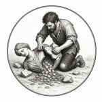 یه عکس برام طراحی کن واسه کتابم. در مورد اینکه یک مرد فقیر یک مجسمه را شکسته و از آن سکه ها بیرون ریخته. سیاه‌وسفید مناسب چاپ کتاب سبک حکاکی کلاسیک (مثل تصویرسازی کتاب‌های قدیمی) خطوط ظریف و تمیز بدون شلوغی زیاد و در قالب دایره باشه.