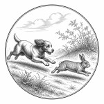 یه عکس برام طراحی کن واسه کتابم. در مورد اینکه یک سگ یک خرگوش را دنبال میکند.. سیاه‌وسفید مناسب چاپ کتاب سبک حکاکی کلاسیک (مثل تصویرسازی کتاب‌های قدیمی) خطوط ظریف و تمیز بدون شلوغی زیاد و در قالب دایره باشه.