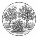 یه عکس برام طراحی کن واسه کتابم. در مورد اینکه 
در باغ یک درخت هلو و یک درخت سیب و یک بوته تمشک هست. سیاه‌وسفید مناسب چاپ کتاب سبک حکاکی کلاسیک (مثل تصویرسازی کتاب‌های قدیمی) خطوط ظریف و تمیز بدون شلوغی زیاد و در قالب دایره باشه.