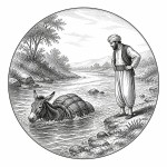 یه عکس برام طراحی کن واسه کتابم. در مورد اینکه 
الاغ با بارش در رودخانه افتاده است و کنارش یک مرد ایستاده. سیاه‌وسفید مناسب چاپ کتاب سبک حکاکی کلاسیک (مثل تصویرسازی کتاب‌های قدیمی) خطوط ظریف و تمیز بدون شلوغی زیاد و در قالب دایره باشه.
