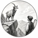 یه عکس برام طراحی کن واسه کتابم. در مورد اینکه 
یک بز لب صخره ای ایستاده و یک شاخ آن شکسته است. و یک پسرک چوپان هم به او نگاه میکند. سیاه‌وسفید مناسب چاپ کتاب سبک حکاکی کلاسیک (مثل تصویرسازی کتاب‌های قدیمی) خطوط ظریف و تمیز بدون شلوغی زیاد و در قالب دایره باشه.