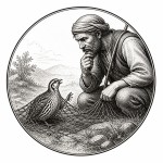 یه عکس برام طراحی کن واسه کتابم. در مورد اینکه 
یک بلدرچین در دام یک شکارچی گیر افتاده است و با شکارچی صحبت میکند. سیاه‌وسفید مناسب چاپ کتاب سبک حکاکی کلاسیک (مثل تصویرسازی کتاب‌های قدیمی) خطوط ظریف و تمیز بدون شلوغی زیاد و در قالب دایره باشه.
