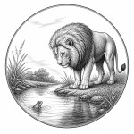 یه عکس برام طراحی کن واسه کتابم. در مورد اینکه 
یک شیر کنار برکه ایستاده و به قورباغه ای در سطح نگاه میکند. سیاه‌وسفید مناسب چاپ کتاب سبک حکاکی کلاسیک (مثل تصویرسازی کتاب‌های قدیمی) خطوط ظریف و تمیز بدون شلوغی زیاد و در قالب دایره باشه.