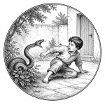 یه عکس برام طراحی کن واسه کتابم. در مورد اینکه 
در حیاط یک مار میخواهد یک پسر بچه را نیش بزند. سیاه‌وسفید مناسب چاپ کتاب سبک حکاکی کلاسیک (مثل تصویرسازی کتاب‌های قدیمی) خطوط ظریف و تمیز بدون شلوغی زیاد و در قالب دایره باشه.