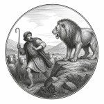 یه عکس برام طراحی کن واسه کتابم. در مورد اینکه یک چوپان با شیر برخورد کرده و بسیار ترسیده. سیاه‌وسفید مناسب چاپ کتاب سبک حکاکی کلاسیک (مثل تصویرسازی کتاب‌های قدیمی) خطوط ظریف و تمیز بدون شلوغی زیاد و در قالب دایره باشه.