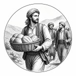 یه عکس برام طراحی کن واسه کتابم. در مورد اینکه یک مرد هنگام سفر با دوستانش یک سبد بزرگ نان برداشته است. سیاه‌وسفید مناسب چاپ کتاب سبک حکاکی کلاسیک (مثل تصویرسازی کتاب‌های قدیمی) خطوط ظریف و تمیز بدون شلوغی زیاد و در قالب دایره باشه.