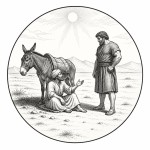 یه عکس برام طراحی کن واسه کتابم. در مورد اینکه یک مرد در زیر آفتاب در سایه الاغی در دشت شنی نشسته است و با مرد تنومند دیگری که ایستاده صحبت میکند. سیاه‌وسفید مناسب چاپ کتاب سبک حکاکی کلاسیک (مثل تصویرسازی کتاب‌های قدیمی) خطوط ظریف و تمیز بدون شلوغی زیاد و در قالب دایره باشه.