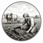 یه عکس برام طراحی کن واسه کتابم. در مورد اینکه یک کشاورز در حال شخم زدن زمین یک گنج پیدا میکند. سیاه‌وسفید مناسب چاپ کتاب سبک حکاکی کلاسیک (مثل تصویرسازی کتاب‌های قدیمی) خطوط ظریف و تمیز بدون شلوغی زیاد و در قالب دایره باشه.