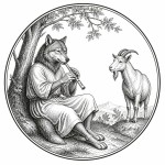 یه عکس برام طراحی کن واسه کتابم. در مورد اینکه یک گرگ نی مینوازد و بز هم به او نگاه میکند. سیاه‌وسفید مناسب چاپ کتاب سبک حکاکی کلاسیک (مثل تصویرسازی کتاب‌های قدیمی) خطوط ظریف و تمیز بدون شلوغی زیاد و در قالب دایره باشه.