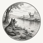 یه عکس برام طراحی کن واسه کتابم. در مورد اینکه یک گرگ که کنار رود خسته افتاده است با گوسفند در آن ور رود صحبت میکند. سیاه‌وسفید مناسب چاپ کتاب سبک حکاکی کلاسیک (مثل تصویرسازی کتاب‌های قدیمی) خطوط ظریف و تمیز بدون شلوغی زیاد و در قالب دایره باشه.