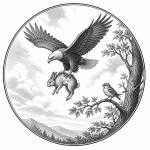 یه عکس برام طراحی کن واسه کتابم. در مورد اینکه یک عقاب یک خرگوش را به هوا میبرد و یک گنجشک هم روی درخت آنها را تماشا میکند. سیاه‌وسفید مناسب چاپ کتاب سبک حکاکی کلاسیک (مثل تصویرسازی کتاب‌های قدیمی) خطوط ظریف و تمیز بدون شلوغی زیاد و در قالب دایره باشه.