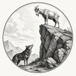 یه عکس برام طراحی کن واسه کتابم. در مورد اینکه یک بز بالای صخره ایستاده و به گرگی در پایین صخره نگاه میکند. سیاه‌وسفید مناسب چاپ کتاب سبک حکاکی کلاسیک (مثل تصویرسازی کتاب‌های قدیمی) خطوط ظریف و تمیز بدون شلوغی زیاد و در قالب دایره باشه.