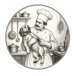 یه عکس برام طراحی کن واسه کتابم. در مورد اینکه یک سرآشپز سگی را در اشپزخانه گرفته است . سیاه‌وسفید مناسب چاپ کتاب سبک حکاکی کلاسیک (مثل تصویرسازی کتاب‌های قدیمی) خطوط ظریف و تمیز بدون شلوغی زیاد و در قالب دایره باشه.
