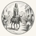 یه عکس برام طراحی کن واسه کتابم. در مورد اینکه یک خر یک بت را حمل میکند و مردم در خیابان به انها ادای احترام میکنند. سیاه‌وسفید مناسب چاپ کتاب سبک حکاکی کلاسیک (مثل تصویرسازی کتاب‌های قدیمی) خطوط ظریف و تمیز بدون شلوغی زیاد و در قالب دایره باشه.