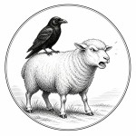 یه عکس برام طراحی کن واسه کتابم. در مورد اینکه یک کلاغ پشت گوسفند نشسته است و گوسفند هم عصبانی است. سیاه‌وسفید مناسب چاپ کتاب سبک حکاکی کلاسیک (مثل تصویرسازی کتاب‌های قدیمی) خطوط ظریف و تمیز بدون شلوغی زیاد و در قالب دایره باشه.