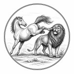 یه عکس برام طراحی کن واسه کتابم. در مورد اینکه یک اسب با پشت سم پای خود به صورت شیر که پشت او ایستاده است ضربه میزند. سیاه‌وسفید مناسب چاپ کتاب سبک حکاکی کلاسیک (مثل تصویرسازی کتاب‌های قدیمی) خطوط ظریف و تمیز بدون شلوغی زیاد و در قالب دایره باشه.