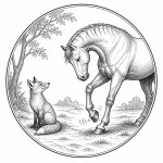 یه عکس برام طراحی کن واسه کتابم. در مورد اینکه یک اسب با سم هایش به صورت گرگلگد میزند و روباه هم به آنها نگاه میکند . سیاه‌وسفید مناسب چاپ کتاب سبک حکاکی کلاسیک (مثل تصویرسازی کتاب‌های قدیمی) خطوط ظریف و تمیز بدون شلوغی زیاد و در قالب دایره باشه.