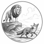 یه عکس برام طراحی کن واسه کتابم. در مورد اینکه یک روباه از شیر ترسیده . سیاه‌وسفید مناسب چاپ کتاب سبک حکاکی کلاسیک (مثل تصویرسازی کتاب‌های قدیمی) خطوط ظریف و تمیز بدون شلوغی زیاد و در قالب دایره باشه.