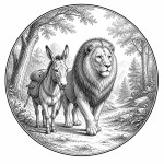 یه عکس برام طراحی کن واسه کتابم. در مورد اینکه یک شیر و خر باهم به جنگل میروند. سیاه‌وسفید مناسب چاپ کتاب سبک حکاکی کلاسیک (مثل تصویرسازی کتاب‌های قدیمی) خطوط ظریف و تمیز بدون شلوغی زیاد و در قالب دایره باشه.