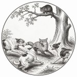 یه عکس برام طراحی کن واسه کتابم. در مورد اینکه سگ ها به روباه حمله کرده اند و یک یک گربه هم بالای درخت است . سیاه‌وسفید مناسب چاپ کتاب سبک حکاکی کلاسیک (مثل تصویرسازی کتاب‌های قدیمی) خطوط ظریف و تمیز بدون شلوغی زیاد و در قالب دایره باشه.