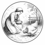 یه عکس برام طراحی کن واسه کتابم. در مورد اینکه یک زن در مزرعه به مرغ چاق دانه میدهد. سیاه‌وسفید مناسب چاپ کتاب سبک حکاکی کلاسیک (مثل تصویرسازی کتاب‌های قدیمی) خطوط ظریف و تمیز بدون شلوغی زیاد و در قالب دایره باشه.