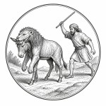 یه عکس برام طراحی کن واسه کتابم. در مورد اینکه یک الاغ پوست شیر را بر تن کرده و مردی میخواهد اورا با چوب بزند. سیاه‌وسفید مناسب چاپ کتاب سبک حکاکی کلاسیک (مثل تصویرسازی کتاب‌های قدیمی) خطوط ظریف و تمیز بدون شلوغی زیاد و در قالب دایره باشه.