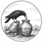 یه عکس برام طراحی کن واسه کتابم. در مورد اینکه کلاغ در کوزه ای سنگ می اندازد. سیاه‌وسفید مناسب چاپ کتاب سبک حکاکی کلاسیک (مثل تصویرسازی کتاب‌های قدیمی) خطوط ظریف و تمیز بدون شلوغی زیاد و در قالب دایره باشه.