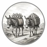 یه عکس برام طراحی کن واسه کتابم. در مورد اینکه الاغی با بار ذرت و الاغی با بار طلا کنار هم می روند. سیاه‌وسفید مناسب چاپ کتاب سبک حکاکی کلاسیک (مثل تصویرسازی کتاب‌های قدیمی) خطوط ظریف و تمیز بدون شلوغی زیاد و در قالب دایره باشه.